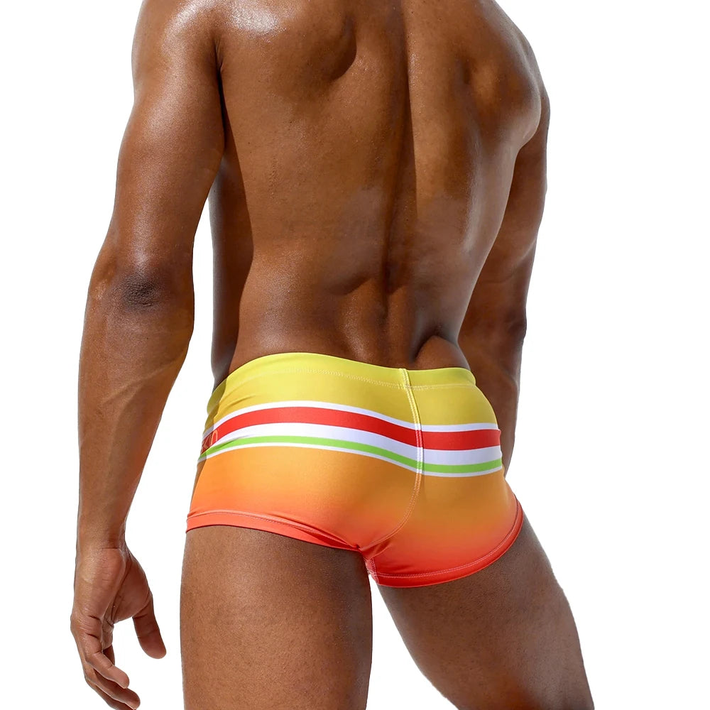 Mens Pad Enhance Swim Briefs Rainbow Striped Gradient Sexy Low Waist Beach Board Surfing Swimwear Summer Male Sport Bathing Suit