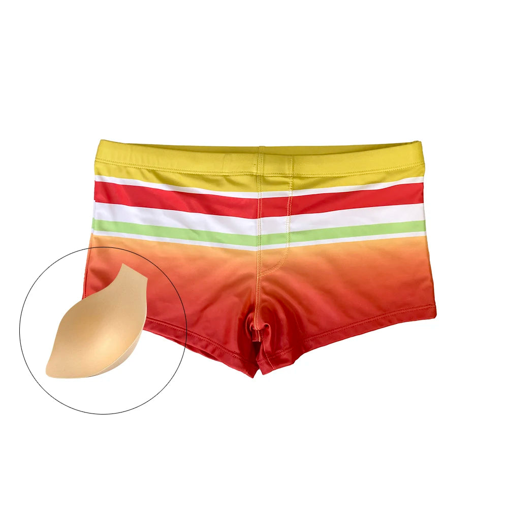 Mens Pad Enhance Swim Briefs Rainbow Striped Gradient Sexy Low Waist Beach Board Surfing Swimwear Summer Male Sport Bathing Suit